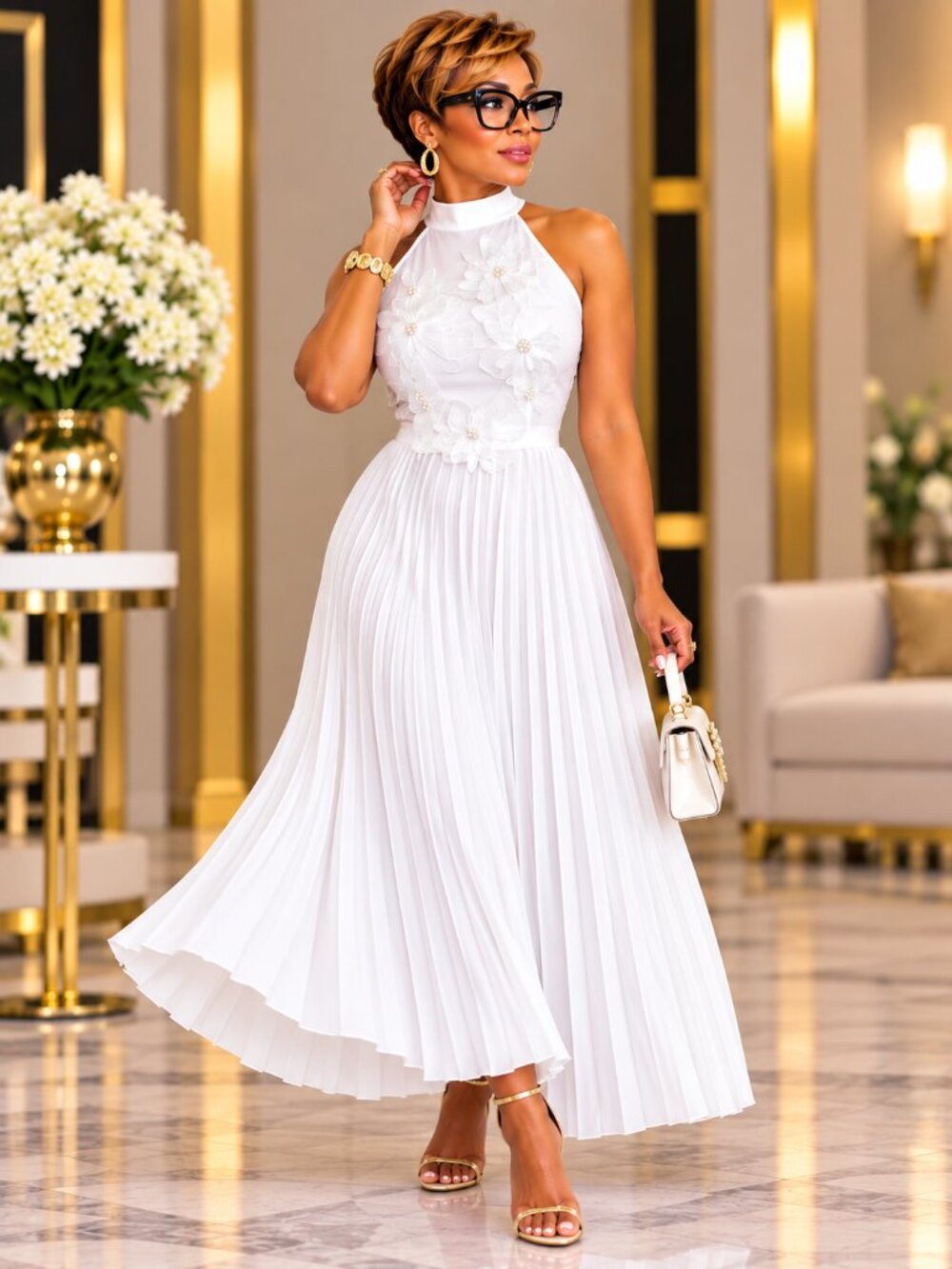 White Halter Pleated Maxi Dress Floral Ruffle Elegant Size L 8/10